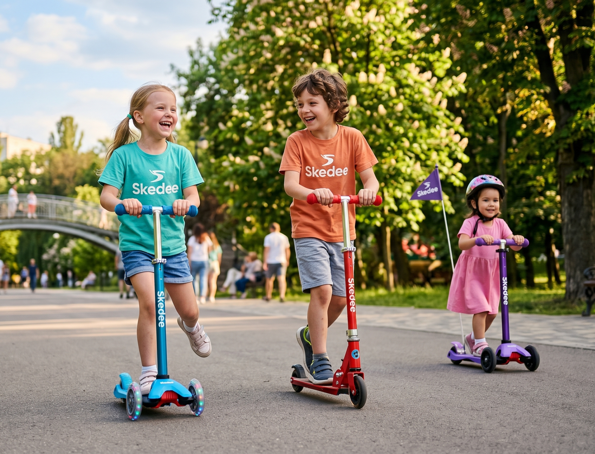 Kids riding kick scooters outdoor